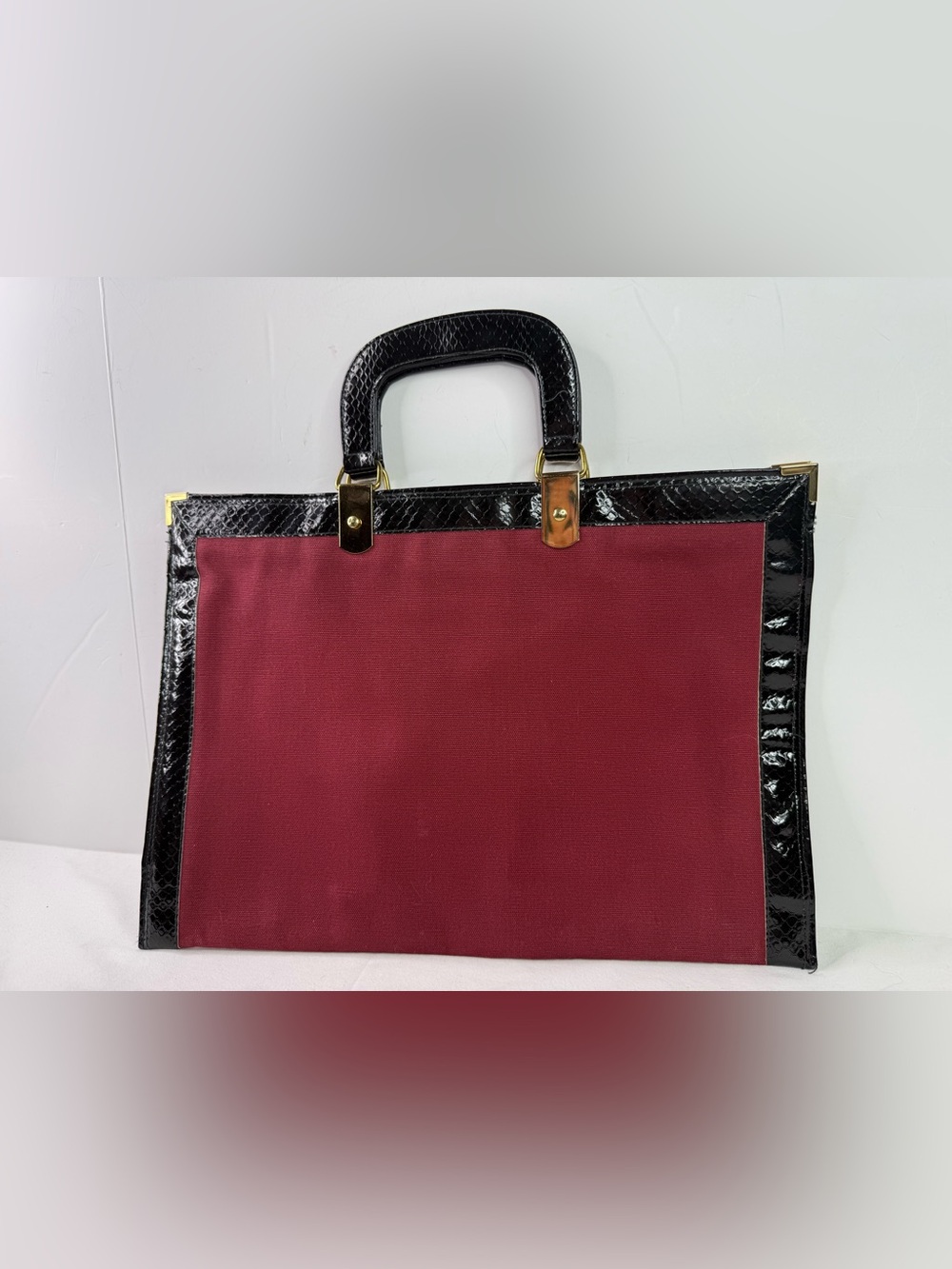 Burgundy Portfolio Tote Black Croc Leather Trim with Top Handles - Picture 2 of 5